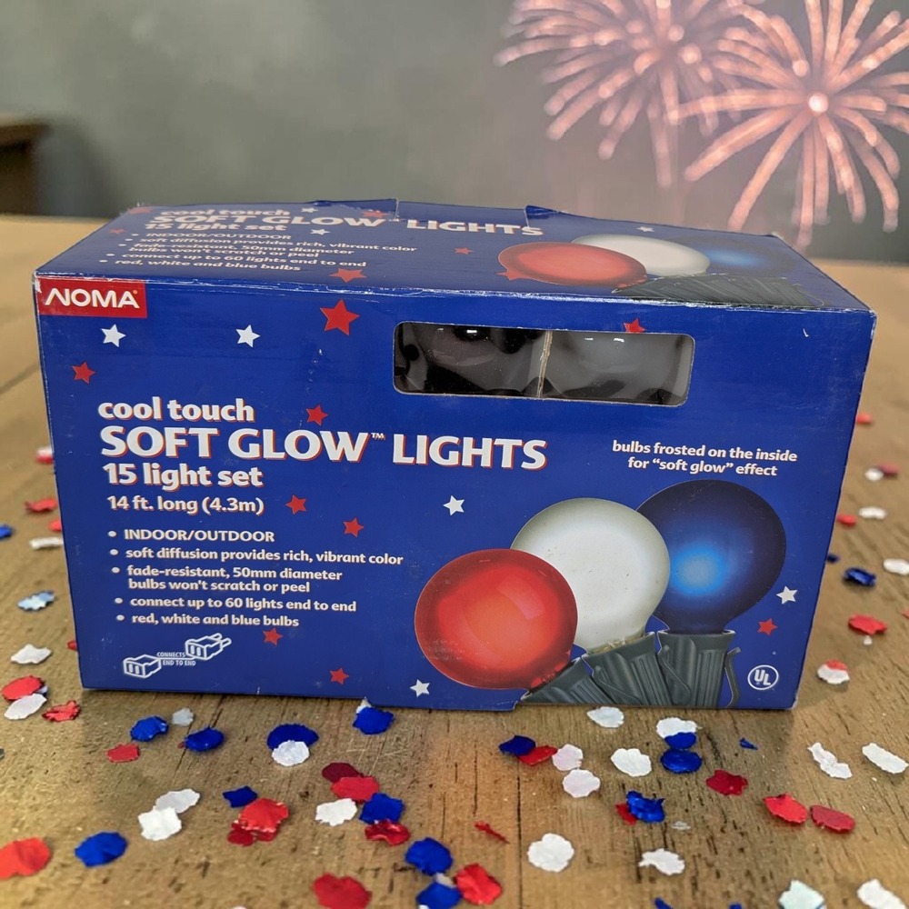 NOMA Soft Glow 15 Light Set Red White Blue 14ft Indoor Outdoor Cool Touch 87665